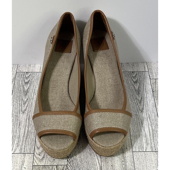 TORY BURCH MAJORCA Logo Wedge Espadrille Shoes Womens 8 EU 38 Plata Tan Metallic - Picture 3 of 17